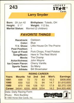 1992 Jockey Star #243 Larry Snyder Back